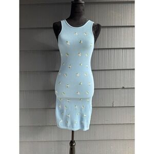 Zara Blue Floral Embroidered Ribbed Knit Sleeveless Mini Bodycon Dress Medium!